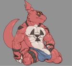  anthro balls_outline biceps bulge canid claws clothing cydonia_xia digimon digimon_(species) erection genital_outline genitals guilmon male mammal muscular muscular_anthro muscular_male nipples penis penis_base penis_outline scalie simple_background solo solo_focus underwear vein veiny_muscles veiny_penis 