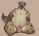  anthro belly big_belly black_nose brown_spots brown_tail bulge clothing fangs grin hi_res hole_in_ear hyaenid kneeling looking_at_viewer male mammal minedoo morning musclegut nipple_piercing nipples overweight overweight_anthro overweight_male pecs piercing sitting slightly_chubby smile solo spots thick_thighs underwear 