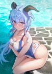  1girl bangs bare_shoulders blue_hair blue_swimsuit blush breasts collarbone competition_swimsuit ganyu_(genshin_impact) genshin_impact goat_horns highleg highleg_swimsuit highres horns large_breasts long_hair looking_at_viewer one-piece_swimsuit purple_eyes solar_(happymonk) swimsuit thighs 