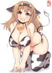  1girl all_fours animal_ears animal_print artist_logo bell bell_collar bikini breasts brown_eyes cleavage collar commentary_request cow_ears cow_girl cow_horns cow_print cow_tail cowbell dated ear_tag fake_animal_ears fake_horns highres horns i-26_(kantai_collection) kanon_(kurogane_knights) kantai_collection large_breasts light_brown_hair long_hair looking_at_viewer side-tie_bikini simple_background smile solo swimsuit tail thighhighs two_side_up white_background white_bikini white_legwear 