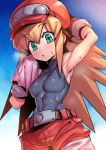  1girl armpits arms_up blush bodysuit breasts cabbie_hat gloves green_eyes hat highres jacket long_hair looking_at_viewer red_headwear red_shorts rockman rockman_dash roll_caskett shorts simple_background skin_tight small_breasts solo steam sweat tukiwani 