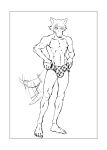  2021 absurd_res anthro athletic athletic_anthro athletic_male beastars black_and_white border bulge canid canine canis clothing clothing_pull comic ffog hi_res legoshi_(beastars) looking_down male mammal monochrome navel pattern_clothing pattern_underwear scar solo standing tailwag underwear underwear_pull white_border wolf 