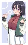  1girl :d bangs black_hair blush breasts commentary_request double_v eyebrows_visible_through_hair hair_between_eyes highres igarashi_kyouhei jacket long_sleeves looking_at_viewer love_live! love_live!_sunshine!! love_live!_sunshine!!_the_school_idol_movie_over_the_rainbow medium_breasts open_mouth plaid plaid_shirt pleated_skirt purple_eyes shirt shirt_tucked_in short_hair skirt sleeve_cuffs sleeves_past_wrists smile track_jacket v watanabe_tsuki white_skirt 