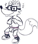  anthro black_clothing black_footwear black_shoes bodily_fluids briefs bulge canid canine clothing eyewear fingers_together fivey_fox footwear fox glasses goronic male mammal shoes simple_background sketch socks solo sweat tongue tongue_out underwear white_background 