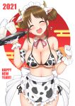  1girl 2021 absurdres animal_print apron bangs bikini blush bottle bow bowtie breasts brown_hair chinese_zodiac cleavage clenched_hand closed_eyes cow_print detached_collar double_bun gloves hands_up happy_new_year highres holding holding_tray large_breasts looking_at_viewer milk milk_bottle new_year open_mouth princess_connect! princess_connect!_re:dive red_neckwear short_hair smile solo suzume_(princess_connect!) swimsuit tray waist_apron white_gloves year_of_the_ox yue_(show-ei) 
