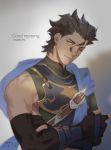  1boy absurdres bang black_hair blue_scarf chess_piece crossed_arms diarmuid_ua_duibhne_(fate/grand_order) elle_shengxuan_shi fate/grand_order fate_(series) finger_gun gloves highres looking_at_viewer male_focus mole mole_under_eye muscular orange_eyes scarf single_bare_shoulder 