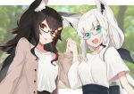  2girls absurdres ahoge animal_ear_fluff animal_ears bangs beige_jacket black_hair blurry blurry_background borumete bow braid breasts commentary_request earrings eyebrows_visible_through_hair fox_ears fox_girl glasses green_eyes hair_between_eyes hair_bow hair_ornament hairclip highres holding_hands hololive jacket jewelry long_hair looking_at_viewer multicolored_hair multiple_girls ookami_mio open_clothes open_jacket open_mouth red_hair shirakami_fubuki shirt short_sleeves sidelocks single_braid small_breasts tongue tongue_out two-tone_hair virtual_youtuber white_hair white_shirt wolf_ears wolf_girl yellow_eyes 