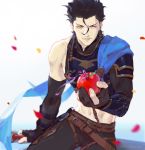  1boy apple armor bang belt blue_scarf diarmuid_ua_duibhne_(fate/grand_order) elle_shengxuan_shi fate/grand_order fate_(series) finger_gun food fruit gloves highres holding holding_food male_focus midriff one_eye_closed petals scarf shoulder_pads single_bare_shoulder smile solo_focus yellow_eyes 