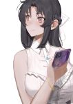  1girl atelier_live bangs black_hair blush bow breasts cellphone collared_shirt ex-trident eyebrows_visible_through_hair hair_behind_ear hair_bow highres himey_(vtuber) holding holding_phone jewelry looking_to_the_side looking_up medium_breasts necklace parted_bangs phone pink_eyes shirt sleeveless sleeveless_shirt smartphone solo virtual_youtuber white_background white_bow 