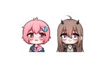  2girls atelier_live black_choker black_jacket blue_eyes blue_sweater blush brown_hair chibi choker crescent_choker english_commentary jacket leather leather_jacket mier_(miermir_) multiple_girls nanatsuki_nana off_shoulder open_mouth pink_eyes pink_hair short_hair smile sweater virtual_youtuber water_drop_hair_ornament white_background winged_hair_ornament yamane_chiika 