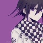  1boy bangs black_hair checkered checkered_neckwear checkered_scarf commentary_request danganronpa_(series) danganronpa_v3:_killing_harmony hair_between_eyes jacket looking_at_viewer male_focus multicolored_hair ouma_kokichi purple_background purple_eyes purple_hair scarf short_hair simple_background solo straitjacket two-tone_hair upper_body y0e0k 
