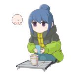  1girl cellphone chopsticks commentary denden eyebrows_visible_through_hair eyes_visible_through_hair hair_bun holding instant_ramen jacket phone purple_eyes shima_rin smartphone solo squatting table translated white_background winter_clothes yurucamp 