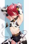  1boy 2021 ahoge animal_ears animal_print armpits arms_behind_back bell bell_collar belt blush chaps chinese_zodiac collar cow_boy cow_ears cow_print cow_tail ear_tag elbow_gloves eyebrows_visible_through_hair fate/grand_order fate_(series) fuuma_kotarou_(fate/grand_order) gloves hair_over_one_eye highres horns midriff navel omiyacha red_eyes red_hair short_shorts shorts smile tail year_of_the_ox 