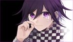  1boy bangs black_background checkered checkered_scarf closed_mouth commentary_request crying crying_with_eyes_open danganronpa_(series) danganronpa_v3:_killing_harmony face hand_up long_sleeves looking_at_viewer male_focus ouma_kokichi purple_eyes purple_hair scarf short_hair smile solo straitjacket tears upper_body white_background y0e0k 