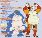  2020 4_toes anthro ball_tuft balls belly black_sclera body_size_growth chubby_male claws crocodile crocodilian crocodylid crouching dialogue digital_media_(artwork) digitigrade duo duo_focus english_text feet felid fingers flaccid foreskin fur genitals group half-erect horn hybrid koorivlf male male/male mammal mid_transformation nipples nude open_mouth overweight overweight_male pantherine paws penis plantigrade procyonid raccoon reptile scales scalie simple_background size_transformation slightly_chubby smile spanish_text species_transformation speech_bubble standing stripped_fur teeth text tiger toes transformation translated tuft uncut vein veiny_penis weight_gain yellow_sclera zaszthecroc 
