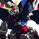  aqua_eyes destiny_gundam from_above gundam gundam_seed gundam_seed_destiny highres holding holding_weapon kuroiwa_cookie looking_up mecha no_humans science_fiction solo v-fin weapon white_background 