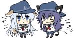  2girls :3 akatsuki_(kantai_collection) anchor_symbol animal_ears black_headwear black_legwear blue_eyes blue_sailor_collar blue_skirt cat_ears cat_tail chibi commentary_request dog_ears dog_tail flat_cap hat hibiki_(kantai_collection) hizuki_yayoi kantai_collection long_hair looking_at_viewer multiple_girls one_eye_closed pantyhose paw_pose pleated_skirt purple_eyes purple_hair sailor_collar school_uniform serafuku silver_hair simple_background skirt standing tail thighhighs white_background 