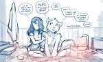  anthro bathing blue_and_white breasts canid canine canis cleavage clothed clothing conditional_dnp dialogue english_text female fur hair hi_res human keidran kneeling male mammal maren_taverndatter monochrome sitting sketch smile sythe_(twokinds) text tom_fischbach topless topless_male towel tuft twokinds webcomic wolf 