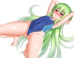  1girl armpits arms_behind_head bangs barefoot blue_swimsuit blunt_bangs blush breasts commentary_request competition_swimsuit eyebrows_visible_through_hair green_hair long_hair looking_at_viewer murasame_(senren) one-piece_swimsuit pink_eyes senren_banka simple_background small_breasts squatting sweat swimsuit thighs very_long_hair white_background yuzu-soft zirba 