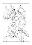  2021 absurd_res anthro antlers beastars bird&#039;s-eye_view black_and_white border canid canine canis cervid clothed clothing comic dialogue duo english_text ffog hand_on_shoulder hi_res high-angle_view horn legoshi_(beastars) looking_at_another looking_down louis_(beastars) male mammal monochrome scar shirt standing tailwag text topwear white_border wolf 