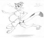  2011 anthro belly big_belly boxers_(clothing) calico_cat claws clothing dialogue domestic_cat felid feline felis female fur greyscale hair jewelry looking_back mammal monochrome mottled necklace paws piebald plantigrade pregnant running shadow short solo thealtoid traditional_media_(artwork) underwear 