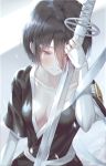  1girl 3: bandages bangs black_hair black_kimono bleach blood breasts cleavage closed_mouth commentary_request frown hair_between_eyes highres holding holding_sword holding_weapon japanese_clothes kimono kuchiki_rukia looking_away looking_down moda_(mo_da_3) short_hair short_sleeves small_breasts solo sword weapon 