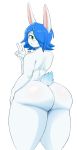  absurd_res anthro big_butt biped blue_hair bunybunyboi butt fur gesture girly glistening glistening_body glistening_butt glistening_fur green_eyes hair hair_over_eye hi_res john_(bunybunyboi) lagomorph leporid looking_at_viewer looking_back male mammal monotone_hair nude one_eye_obstructed portrait rabbit rear_view short_hair short_tail simple_background smile solo standing thick_thighs three-quarter_portrait v_sign white_background white_body white_fur wide_hips 