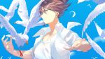  1boy animal bangs bird blue_sky brown_hair collarbone commentary_request danganronpa_(series) danganronpa_v3:_killing_harmony day facial_hair goatee hair_between_eyes hair_up hands_up highres male_focus momota_kaito open_clothes open_shirt qianhai seagull shirt sky solo spiked_hair upper_body white_shirt 