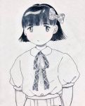  1girl bangs black_eyes black_hair blunt_bangs bow collared_shirt cowboy_shot greyscale monochrome no_nose original puffy_short_sleeves puffy_sleeves shirt short_hair short_sleeves solo traditional_media white_shirt yn_a_7 