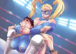  blonde_hair blush boots breasts brown_eyes brown_hair bun_cover butcherboy camel_clutch chinese_clothes chun-li cleavage clenched_teeth double_bun rainbow_mika rolling_eyes ryona saliva spikes street_fighter sweat tears teeth thigh_boots thighhighs twintails wrestling wrestling_mask wrestling_outfit wrestling_ring 