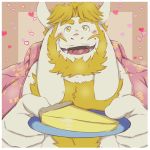  &lt;3 1:1 2021 anthro asgore_dreemurr beard blonde_hair blush body_hair border bovid bust_portrait caprine chest_hair clothed clothing dessert eyebrows facial_hair food goat hair hi_res holding_object horn long_ears looking_at_viewer male mammal offering_food open_clothing open_mouth open_shirt open_smile open_topwear pie pink_background plate portrait shadowmatamori shirt signature simple_background smile solo topwear undertale video_games white_body white_border 