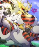  2020 absurd_res anthro anthrofied arceus ashraely big_breasts blush bodily_fluids breasts butt claws colored curvy_figure digital_drawing_(artwork) digital_media_(artwork) duo english_text feathers female front_view giratina hi_res horn huge_breasts humanoid legendary_pok&eacute;mon looking_at_another mammal nintendo nipples non-mammal_breasts origin_forme_giratina pok&eacute;mon pok&eacute;mon_(species) pok&eacute;morph raised_tail simple_background sitting text thick_thighs video_games voluptuous white_body wide_hips 