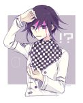  !? ... 1boy arm_up bangs black_hair blood blood_on_face checkered checkered_scarf commentary_request cropped_torso danganronpa_(series) danganronpa_v3:_killing_harmony grey_background hair_between_eyes hand_up jacket long_sleeves looking_at_viewer male_focus multicolored_hair open_mouth ouma_kokichi pink_blood purple_background purple_eyes purple_hair scarf solo spoken_ellipsis straitjacket upper_body white_background white_jacket y0e0k 