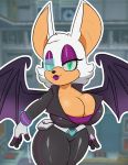  anthro berkthejerk big_breasts breasts catsuit_(disambiguation) chiropteran cleavage clothed clothing female hi_res looking_at_viewer mammal rouge_the_bat solo sonic_the_hedgehog_(series) thick_thighs wide_hips wings 