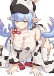  1girl animal_ears animal_print bangs blush breasts cow_ears cow_girl cow_hat cow_horns cow_print draph granblue_fantasy horns large_breasts long_hair long_sleeves looking_at_viewer shatola_(granblue_fantasy) sheer_clothes shiseki_hirame simple_background white_background 