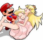  1boy 1girl artist_request blonde_hair bottomless breasts breasts_out breasts_outside crown dress eyes_closed lowres lying mario mario_(series) nintendo nipples on_back princess_peach sex source_request super_mario_bros. sweat 
