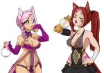  2018 animal_humanoid blue_eyes breasts cat_humanoid chemical clothed clothing dabunnox duo facial_markings feline female green_eyes hair heterochromia humanoid mammal markings navel nipple_piercing nipples one_eye_closed open_mouth orange_eyes piercing pink_hair ponytail red_hair sabrith simple_background skirt standing tayelle white_background 