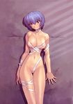  ayanami_rei blue_hair breasts medium_breasts mogudan naked_ribbon neon_genesis_evangelion nipples red_eyes ribbon scan short_hair solo 