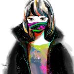  1girl bangs black_jacket grey_eyes grey_shirt highres jacket looking_at_viewer mask mouth_mask multicolored_shirt original print_mask procreate_(medium) shirt short_hair signature simple_background solo tomidoron white_background 