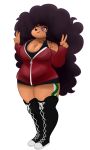  3:5 alpha_channel big_hair bottomwear breasts cleavage clothed clothing curvy_figure female footwear hair hi_res hoodie human humanoid looking_up mammal peace_signs pink_cat_enthusiast shoes simple_background smile solo standing tattoo thick_thighs topwear wide_hips 