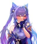  1girl bangs blush breasts detached_sleeves eyebrows_visible_through_hair genshin_impact gloves hair_horns hand_on_own_cheek hand_on_own_face highres keqing long_hair looking_down medium_breasts purple_eyes purple_gloves purple_hair savi_(byakushimc) shoulders solo twintails white_background wide_sleeves 