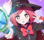  1girl :3 black_headwear black_shirt bob_cut cape commentary danganronpa_(series) danganronpa_v3:_killing_harmony dot_nose eyebrows_visible_through_hair face hair_ornament hairclip hat holding holding_staff jewelry looking_at_viewer qosic red_cape red_eyes red_hair red_ribbon ribbon shirt short_hair simple_background solo staff star_(symbol) tongue tongue_out v white_wings wings witch_hat yumeno_himiko 