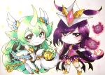  2girls blush chibi commentary_request green_eyes green_hair horns league_of_legends long_hair multiple_girls otani_(kota12ro08) purple_eyes purple_eyeshadow purple_hair simple_background single_horn smile standing star_guardian_(league_of_legends) star_guardian_soraka star_guardian_syndra traditional_media white_background 