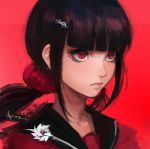  1girl bangs black_hair blunt_bangs closed_mouth commentary danganronpa_(series) danganronpa_v3:_killing_harmony hair_ornament hair_over_shoulder hairclip harukawa_maki long_hair low_twintails mole mole_under_eye pin qosic red_background red_eyes red_scrunchie red_shirt sailor_collar school_uniform scrunchie serafuku shirt simple_background solo twintails upper_body 