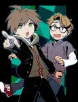  2boys :o ahoge blue_eyes brown_hair danganronpa:_trigger_happy_havoc danganronpa_(series) freckles glasses green_eyes highres hood hood_down hoodie identity_v ieiieiiei long_sleeves lucky_guy male_focus multiple_boys naegi_makoto open_mouth pointing red_footwear shirt shoes short_hair simple_background sneakers sweat upper_teeth wide-eyed 