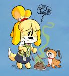  animal_crossing arthropod canid canine canis clothed clothing dipteran domestic_dog duo feces female insect isabelle_(animal_crossing) leash mammal nintendo scat tailwag themrock tongue tongue_out video_games 