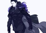  1boy black_cape black_hair black_jacket black_suit cape clenched_hand collar fate/grand_order fate_(series) formal gloves gradient_hair hair_slicked_back highres jacket jewelry long_hair long_sleeves male_focus multicolored_hair necktie nikola_tesla_(fate/grand_order) purple_eyes purple_hair ring simple_background solo suit viscontiapclyps white_background 