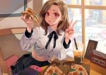  1girl bangs black_neckwear black_ribbon black_skirt brown_hair chair commentary commission cup drinking_straw earrings food highres holding holding_food holding_pizza hongcasso indoors jewelry long_hair long_sleeves looking_at_viewer midriff navel neck_ribbon nintendo_switch original pink_eyes pizza pleated_skirt red_nails ribbon school_uniform shirt sitting skirt solo v white_shirt window 