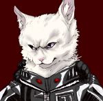  2019 albino ambiguous_gender anthro armor clothing cybernetic_attachment cybernetics cyborg cynocephaly domestic_cat felid feline felis fur glistening glistening_armor hi_res machine mammal metallic_body pink_eyes pink_nose red_background simple_background solo suit white_body white_fur 