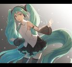  1girl absurdly_long_hair aqua_eyes aqua_hair aqua_neckwear bare_shoulders black_legwear black_skirt black_sleeves commentary contrapposto cowboy_shot detached_sleeves gradient gradient_background hair_ornament hatsune_miku hatsune_miku_(nt) headphones layered_sleeves leaning_forward long_hair looking_at_viewer miniskirt neck_ribbon open_mouth outstretched_arms piapro pleated_skirt ribbon see-through_sleeves shiohari_kanna shirt shoulder_tattoo sidelighting skirt sleeveless sleeveless_shirt smile solo sparkle tattoo thighhighs twintails very_long_hair vocaloid white_shirt white_sleeves zettai_ryouiki 